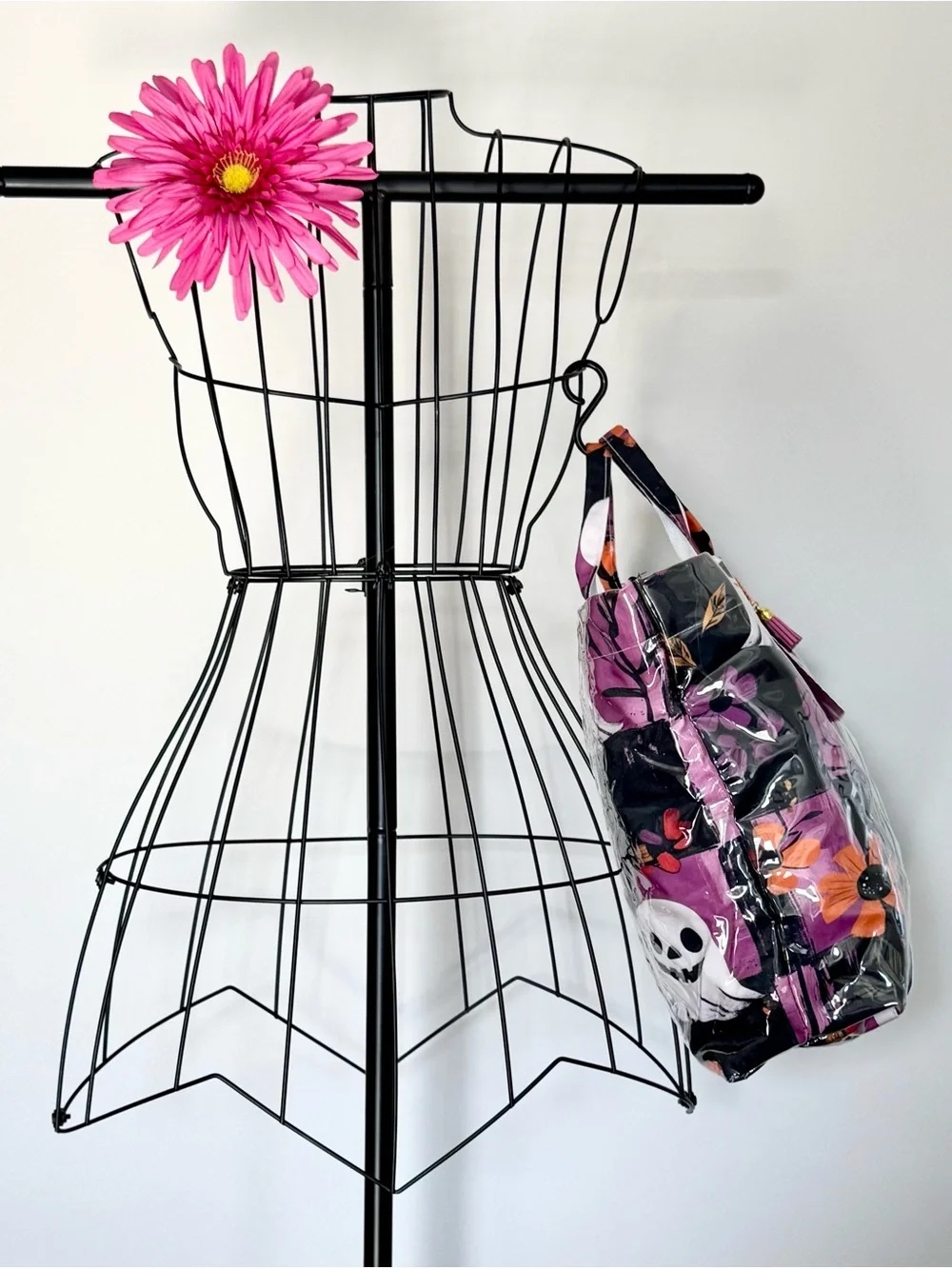 New Halloween Ghost Purple & Black Checkered PVC Handbag Purse Tote Bag 17.5x12”